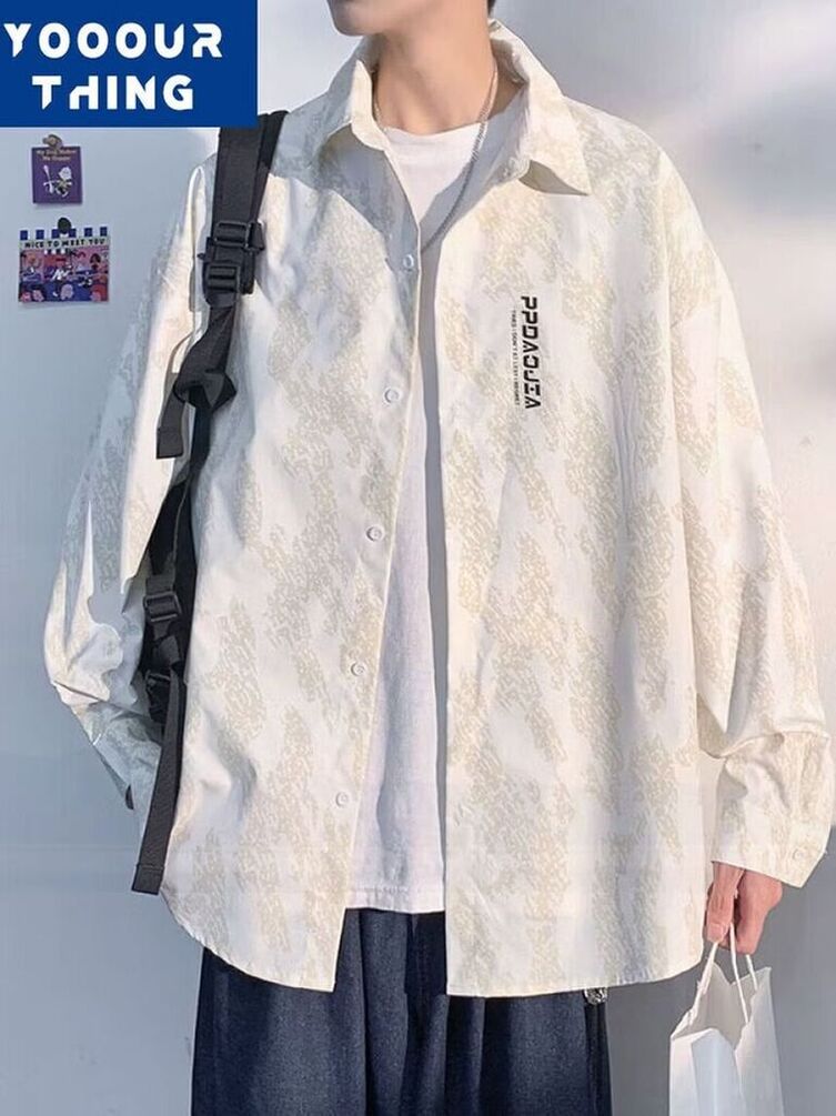 巴洛克长袖衬衫男春秋夏百搭印花大码休闲外套高级感白衬衣服男装